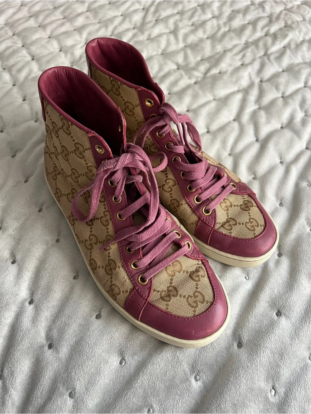 Gucci Beige GG Canvas High-Top Sneakers with Pink Trim